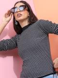 Tokyo Talkies Striped Crew Neck Casual Women Black, White Sweater