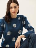 Dressberry Self Design Round Neck Casual Women Blue Sweater