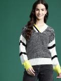 Dressberry Colorblock V Neck Casual Women Grey Sweater