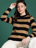 Dressberry Striped Round Neck Casual Women Yellow Sweater