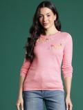 Dressberry Embroidered Round Neck Casual Women Pink Sweater