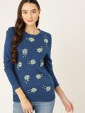 Dressberry Embroidered Round Neck Casual Women Blue Sweater