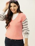 Mast & Harbour Solid V Neck Casual Women Orange Sweater