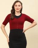 MONTE CARLO Solid V Neck Casual Women Maroon Sweater