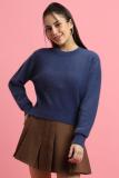 FOREVER 21 Solid Round Neck Casual Women Blue Sweater