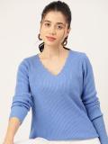 Dressberry Solid V Neck Casual Women Blue Sweater