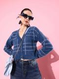 Roadster Checkered V Neck Casual Women Blue Sweater