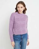 MADAME Solid Round Neck Casual Women Purple Sweater