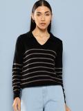 CHEMISTRY Striped V Neck Casual Women Black Sweater