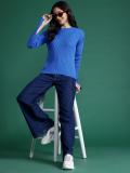 Dressberry Striped Round Neck Casual Women Blue Sweater