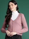 Dressberry Striped V Neck Casual Women Pink Sweater