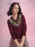 Dressberry Embroidered V Neck Casual Women Maroon Sweater