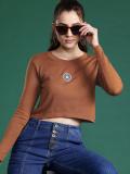 Dressberry Solid Round Neck Casual Women Brown Sweater