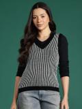 Dressberry Striped V Neck Casual Women Black Sweater