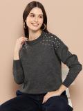 HERE&NOW Solid Round Neck Casual Women Grey Sweater