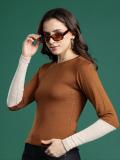 Dressberry Solid Round Neck Casual Women Brown Sweater