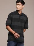 Roadster Striped Men Polo Neck Black T-Shirt