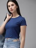 Roadster Solid Women Round Neck Dark Blue T-Shirt