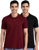 Comio Solid Men Polo Neck Maroon, Black T-Shirt