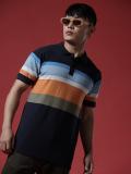 WROGN Striped Men Polo Neck Blue T-Shirt