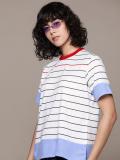 Roadster Striped Women Round Neck White T-Shirt