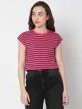 VERO MODA Striped Women Round Neck Pink T-Shirt