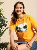 Mast & Harbour Printed Women Round Neck Yellow T-Shirt