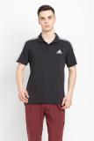 ADIDAS Striped Men Polo Neck Black T-Shirt