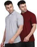 Comio Solid Men Polo Neck Maroon, Grey T-Shirt