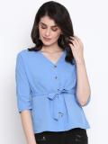 OXOLLOXO Casual Roll-up Sleeve Solid Women Blue Top