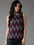 HERE&NOW Casual Sleeveless Printed Women Dark Blue Top