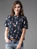 HERE&NOW Casual Regular Sleeve Printed Women Dark Blue Top