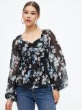 HARPA Casual Floral Print Women Black Top