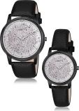 Loretta Silver Textured Dial Black Leather Belt Men & Women Analog Watch  - For Couple