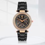 IIK Collection IIK-3202W Watches for Women Round Black Studded Dial with Metallic Black Bracelet Strap Analog Watch  - For Women