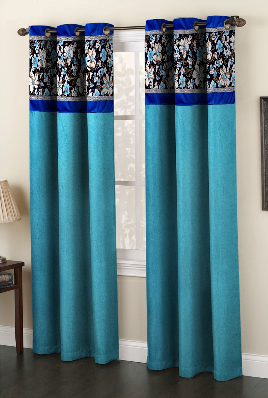 Homefab India Polyester Blue Floral Eyelet Long Door