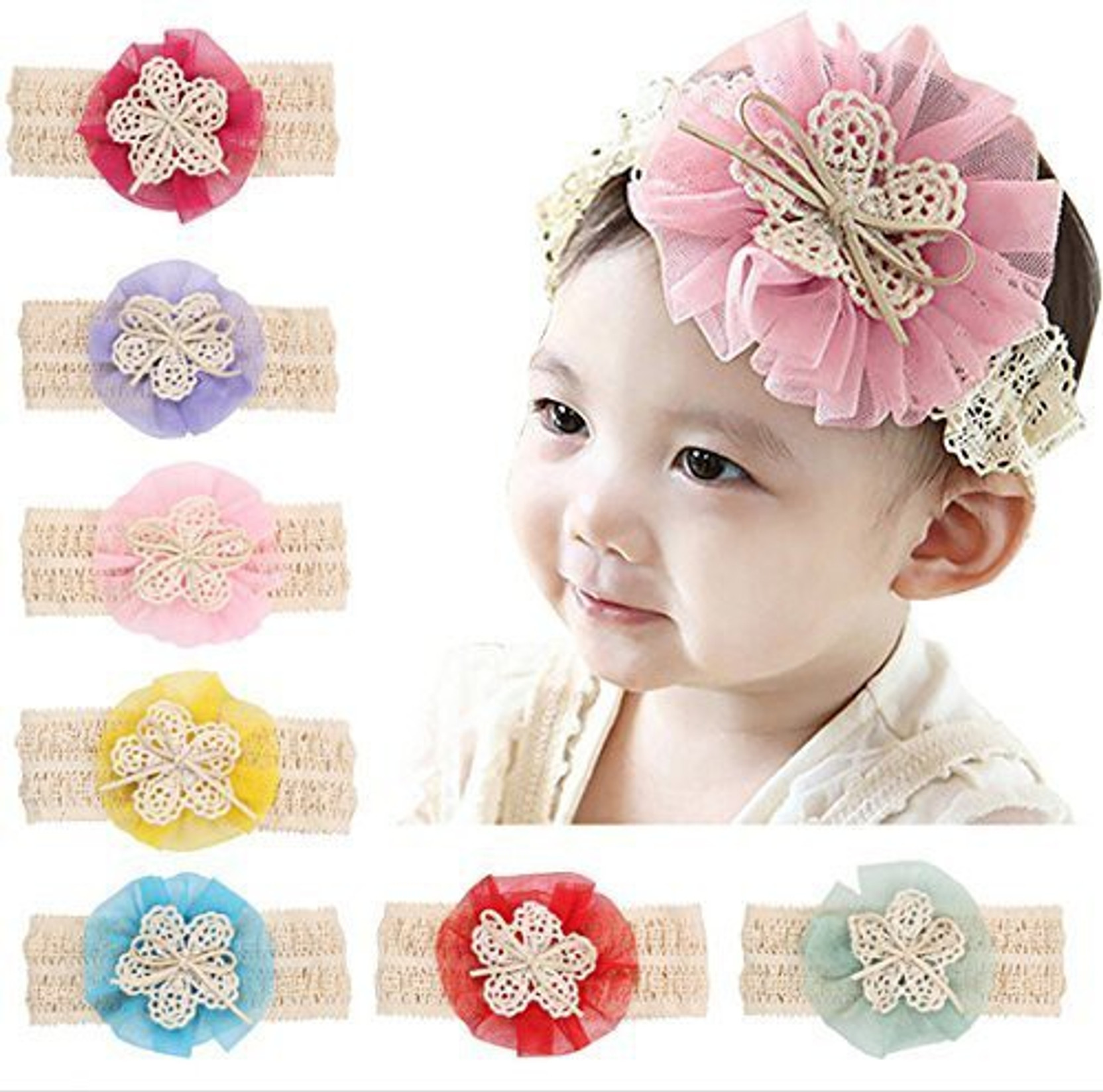 Pink /& White Newborn Baby Girl Pearl Lace Flower Headband Elastic Hair Band