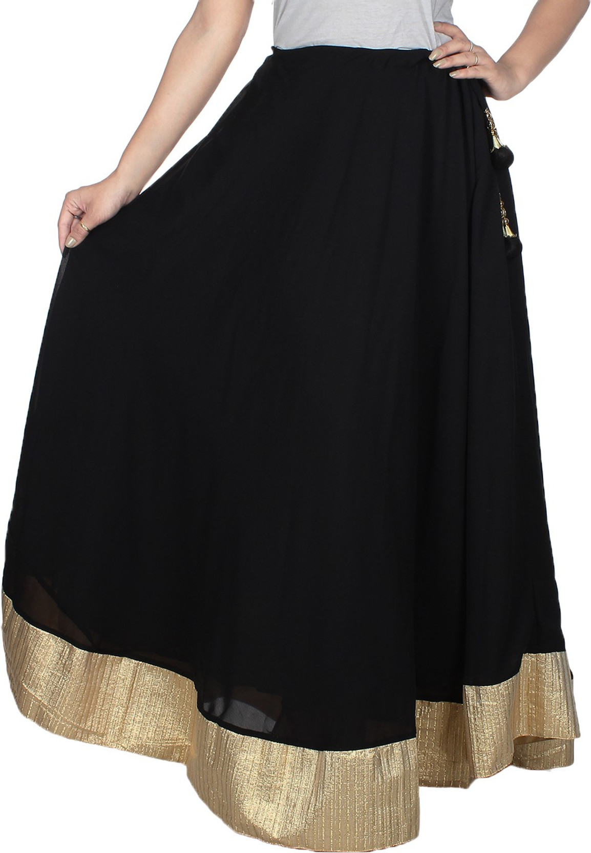 Crease & Clips Solid Women's Broomstick Black, Gold Skirt Buy Black