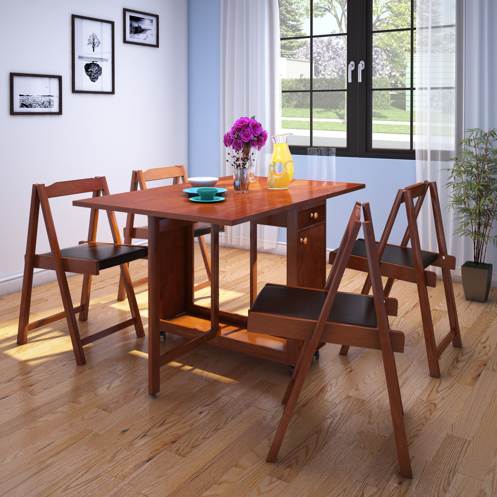HomeTown Compact Folding Solid Wood 4 Seater Dining Set Price in India