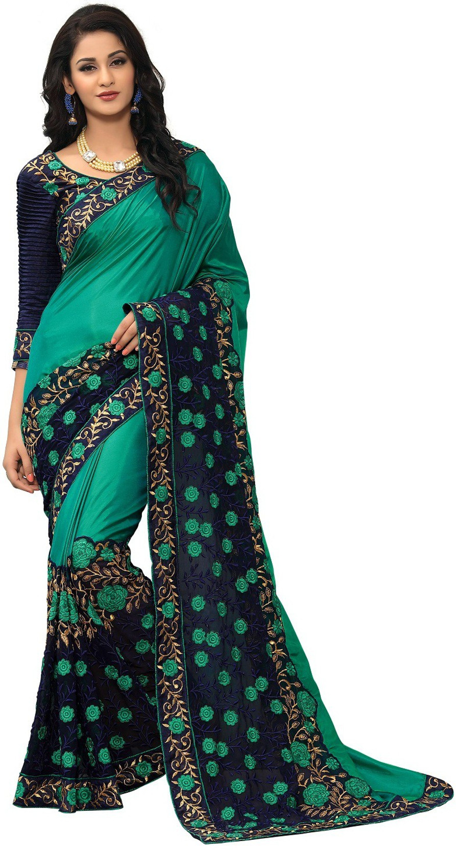 Buy onlinefayda Embroidered Fashion Silk Dark Green, Dark Blue Sarees