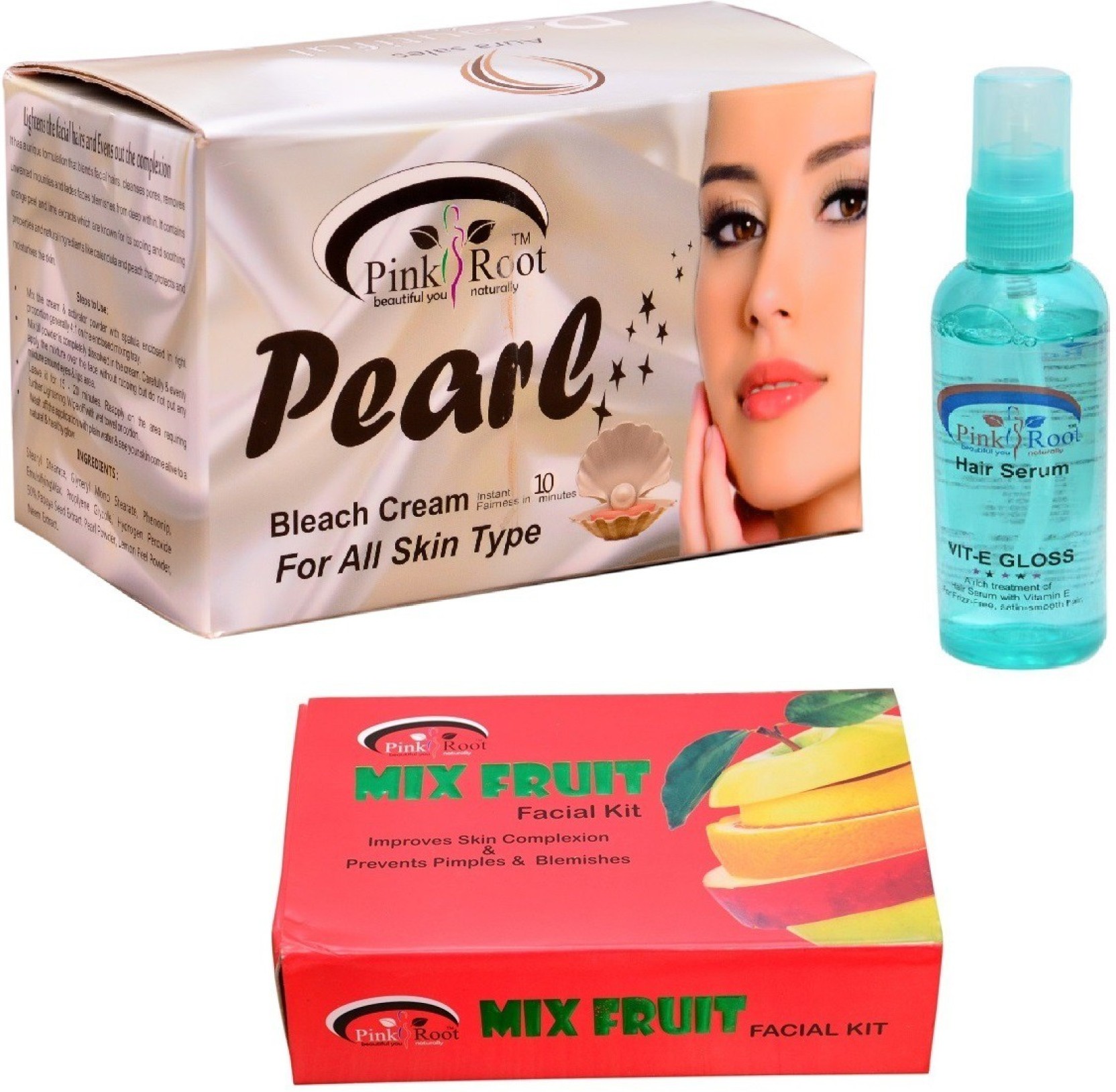 Pink Root Pearl Bleach Cream Hair Serum Mix Fruit Facial Kit