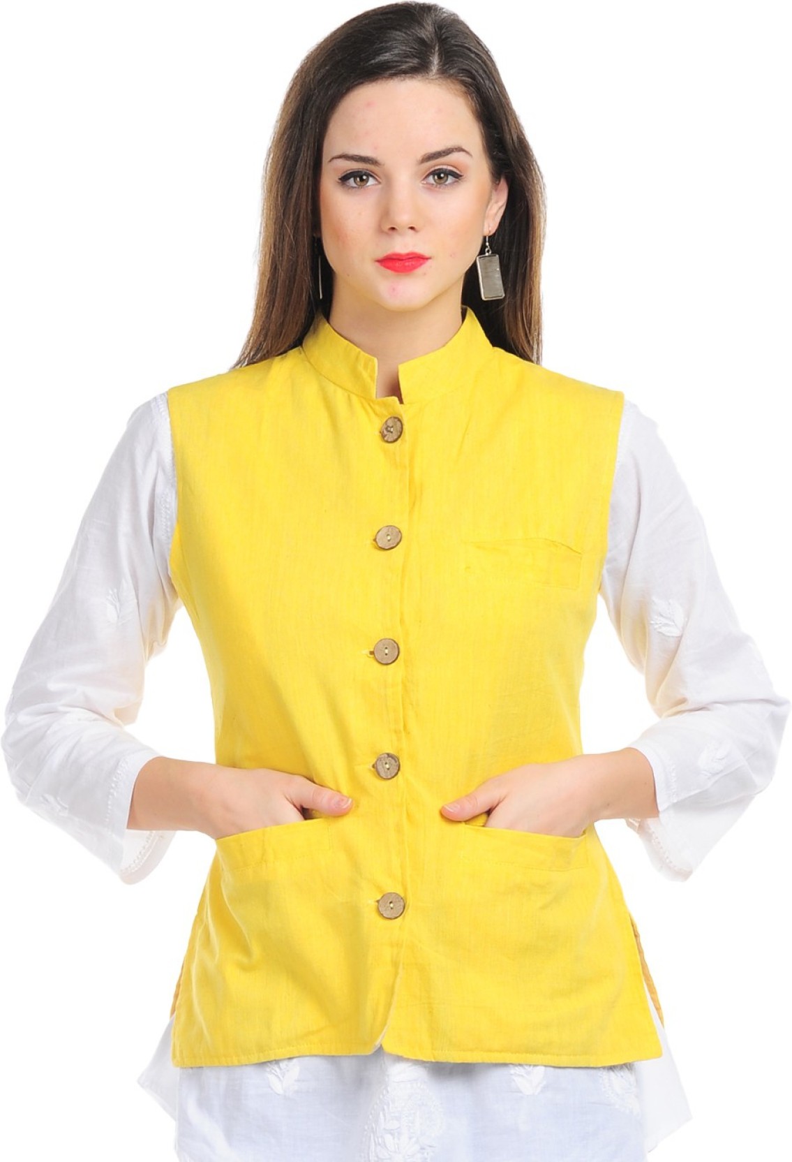 Sobre Estilo Sleeveless Solid Women's Nehru Jacket - Buy Yellow Sobre ...