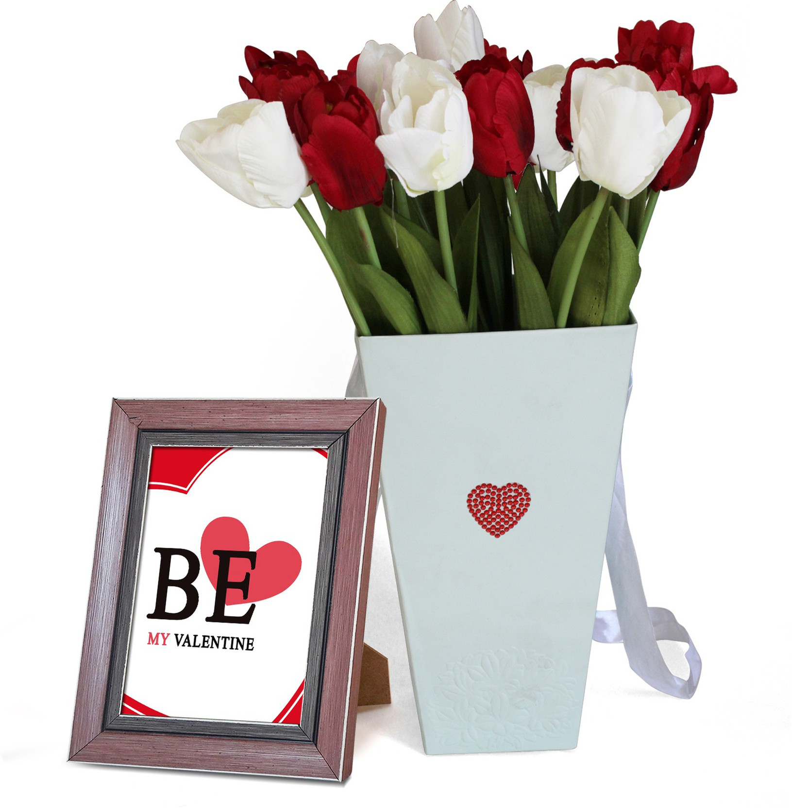 Tied Ribbons Quoted Photo Frame With Cardboard Vase And Artificial