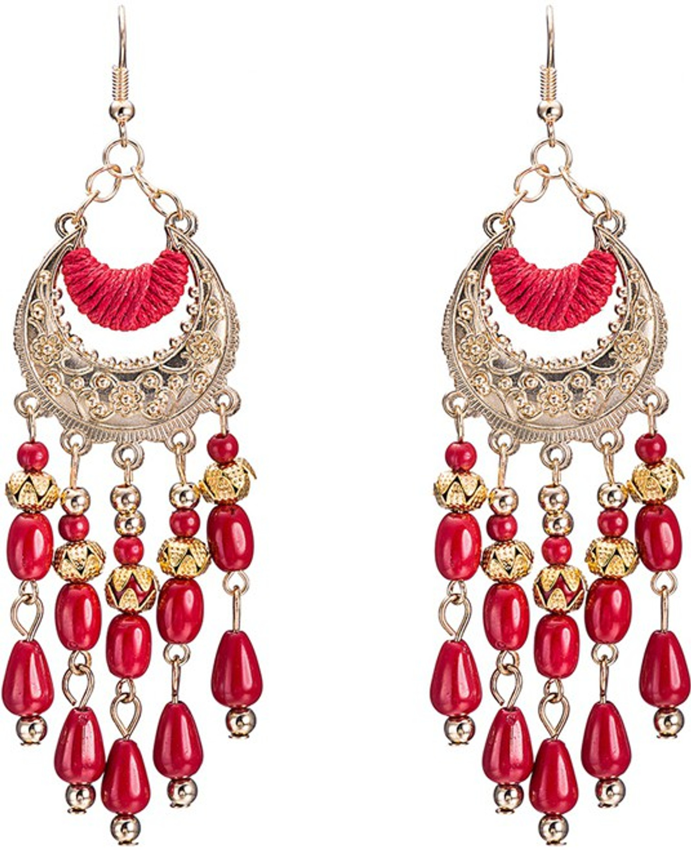 Zephyrr Fashion Jewellery Silver Plated Dangle Earrings Red Crystal Beaded Contemporary