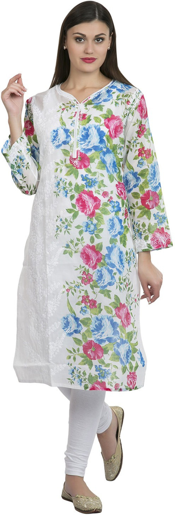 La Vastraa Womens Chikan Embroidery Straight Kurta White La Vastraa Womens Chikan Embroidery Straight Kurta White