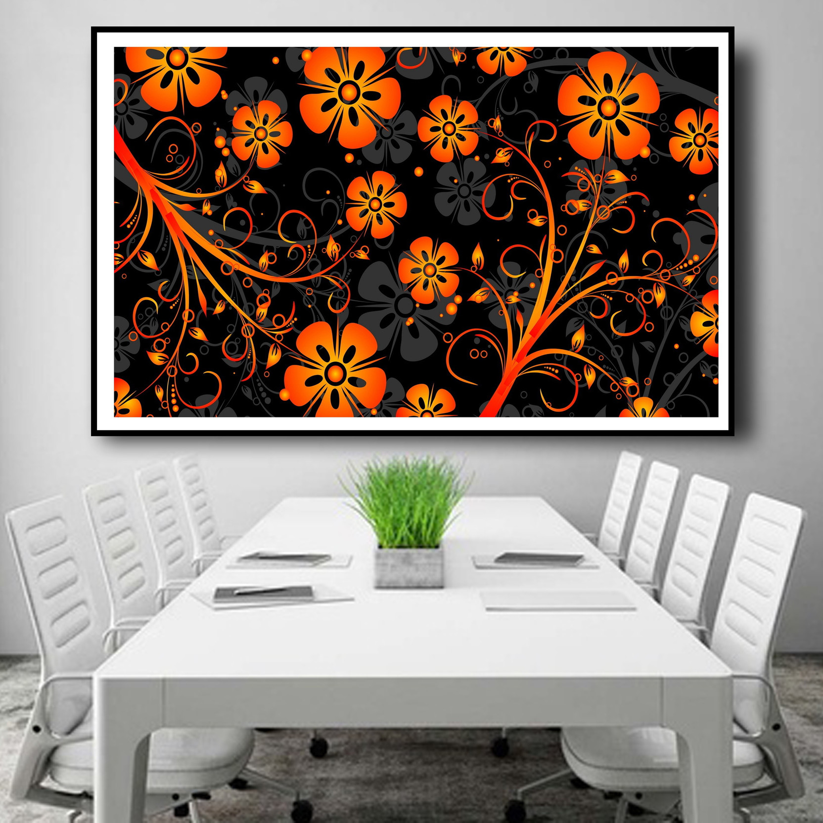 Animated Orange Color Flower Wall Decor Poster For Living Room No