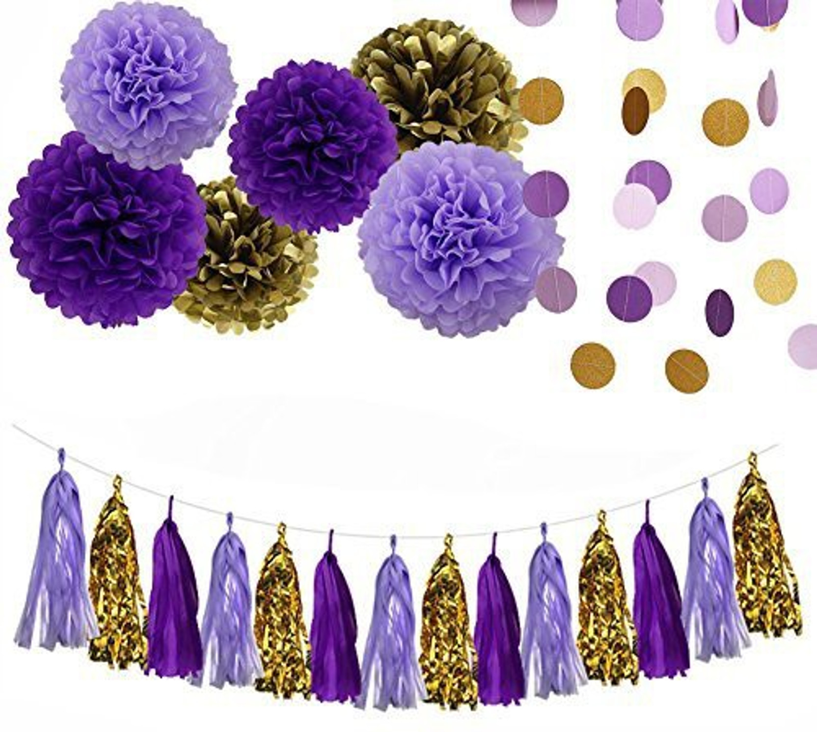 Sogorge Purple Lavender Glitter Gold Baby Shower Tissue Paper Pom