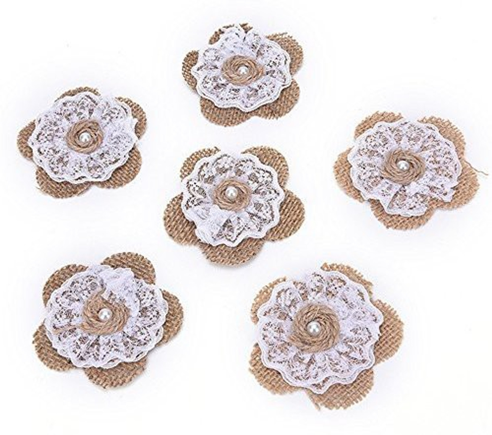 Ozxchixu 12pcs Burlap Lace Flower With Pearl Natural Color Rustic
