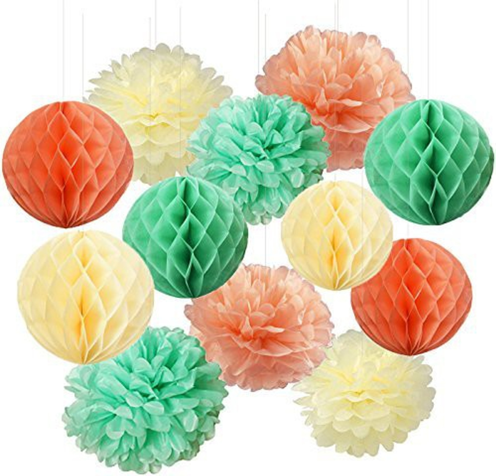 Furuix Mint Green Peach Cream Tissue Paper Honeycomb Balls Pom