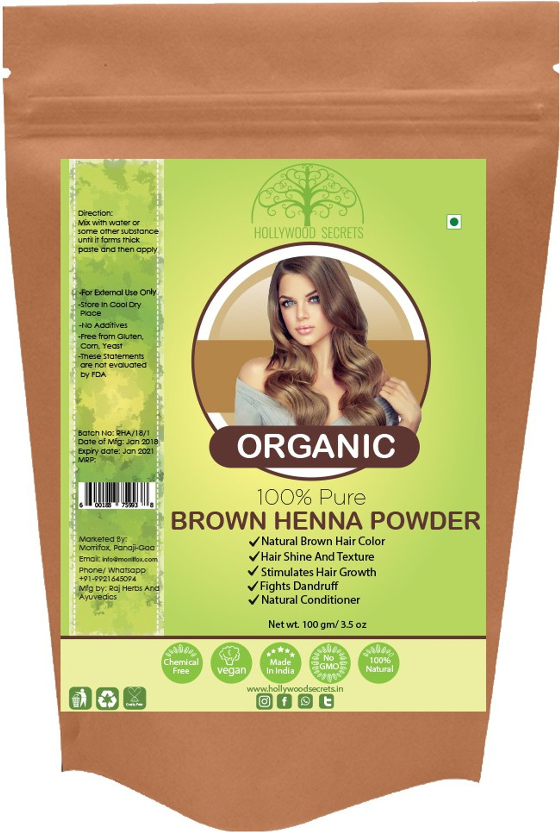 Hollywood Secrets 100 Natural Organic Brown Henna Powder For Hair